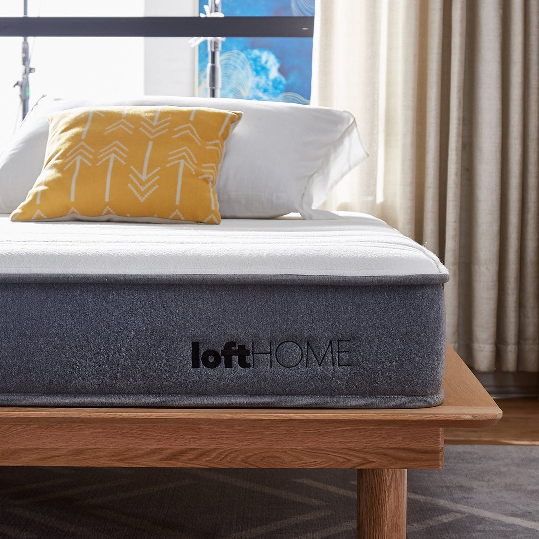 LoftHome Asia single mattress featuring sleek grey fabric, firm support, and a cozy design, perfect for compact bedrooms.