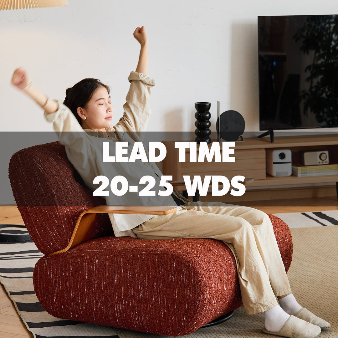 Deep red textured fabric lounge chair with curved wooden armrests, ideal for modern living spaces, featured in Loft Home’s 20–25 working days lead time collection.