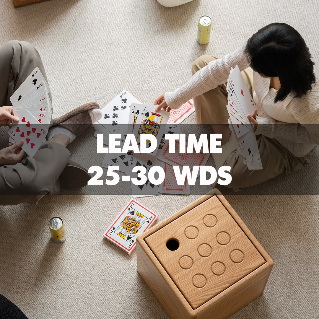 Wooden cube storage stool featured in a cozy indoor scene, paired with playful oversized cards, from Loft Home’s 25–30 working days lead time collection.