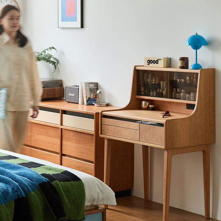 Scandinavian cherry wood dressing table floating vanity in still life.