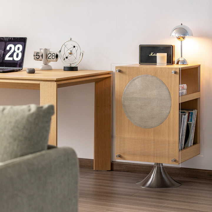 Minimalist oak wood veneer revolving side table muse in still life.