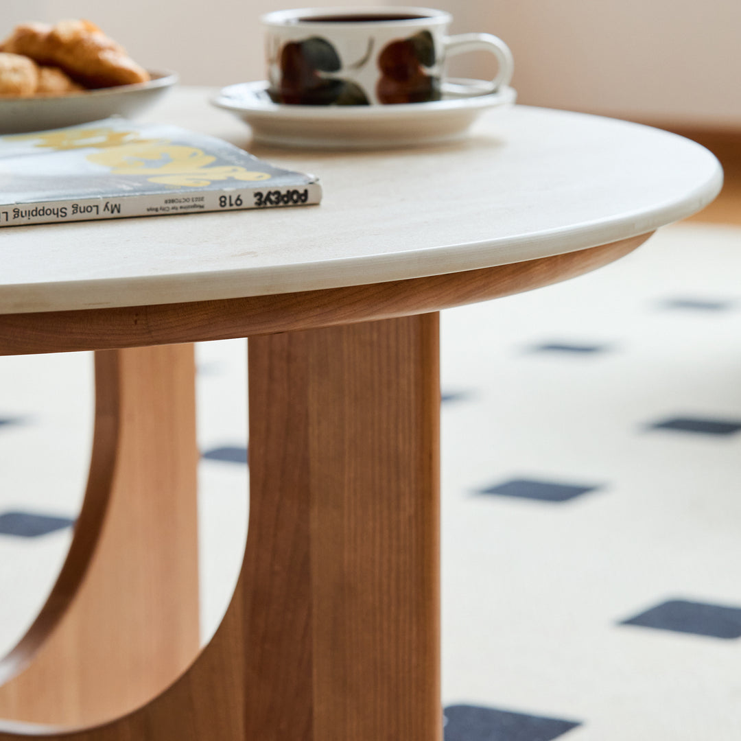 Scandinavian sintered stone coffee table set shells in panoramic view.