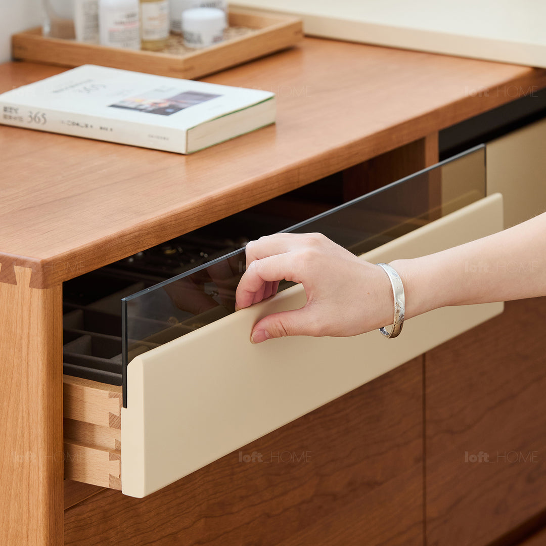 Scandinavian cherry wood dressing table timeless in panoramic view.