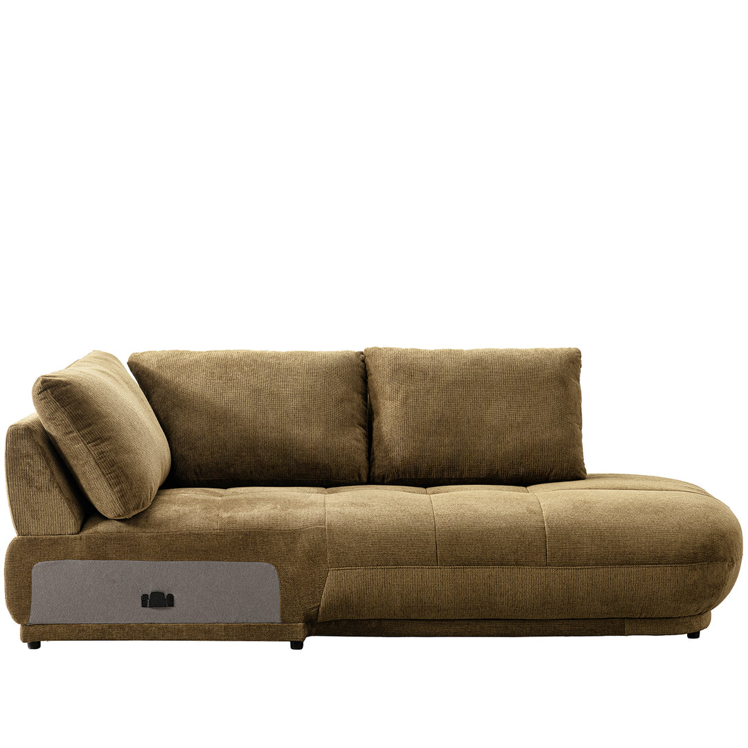 Cream cotton fabric modular chaise 2 seater sofa mossy in panoramic view.