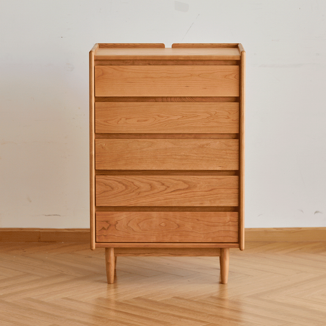 Scandinavian cherry wood chest of drawers vista in real life style.