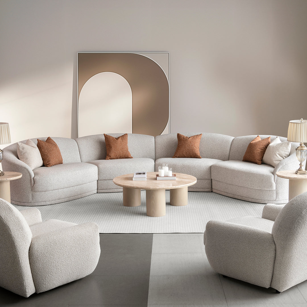 Modern boucle fabric modular armless 1 seater sofa curva in real life style.