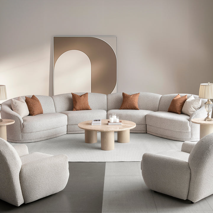 Modern boucle fabric modular corner 1 seater sofa curva in close up details.