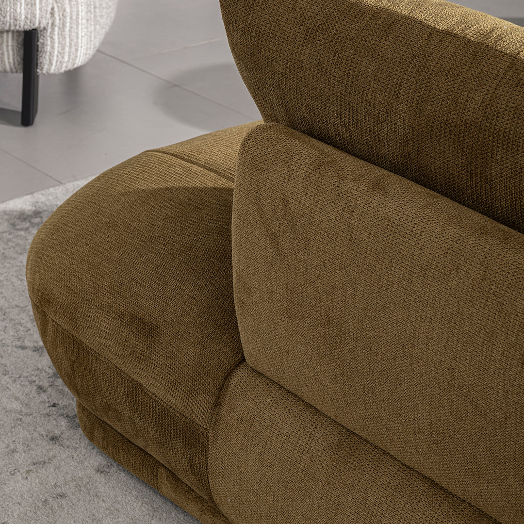 Cream cotton fabric modular chaise 2 seater sofa mossy in close up details.