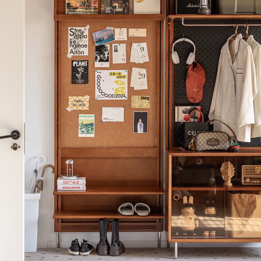 Vintage boxwood modular hanging wall shelf system muse entryway in still life.