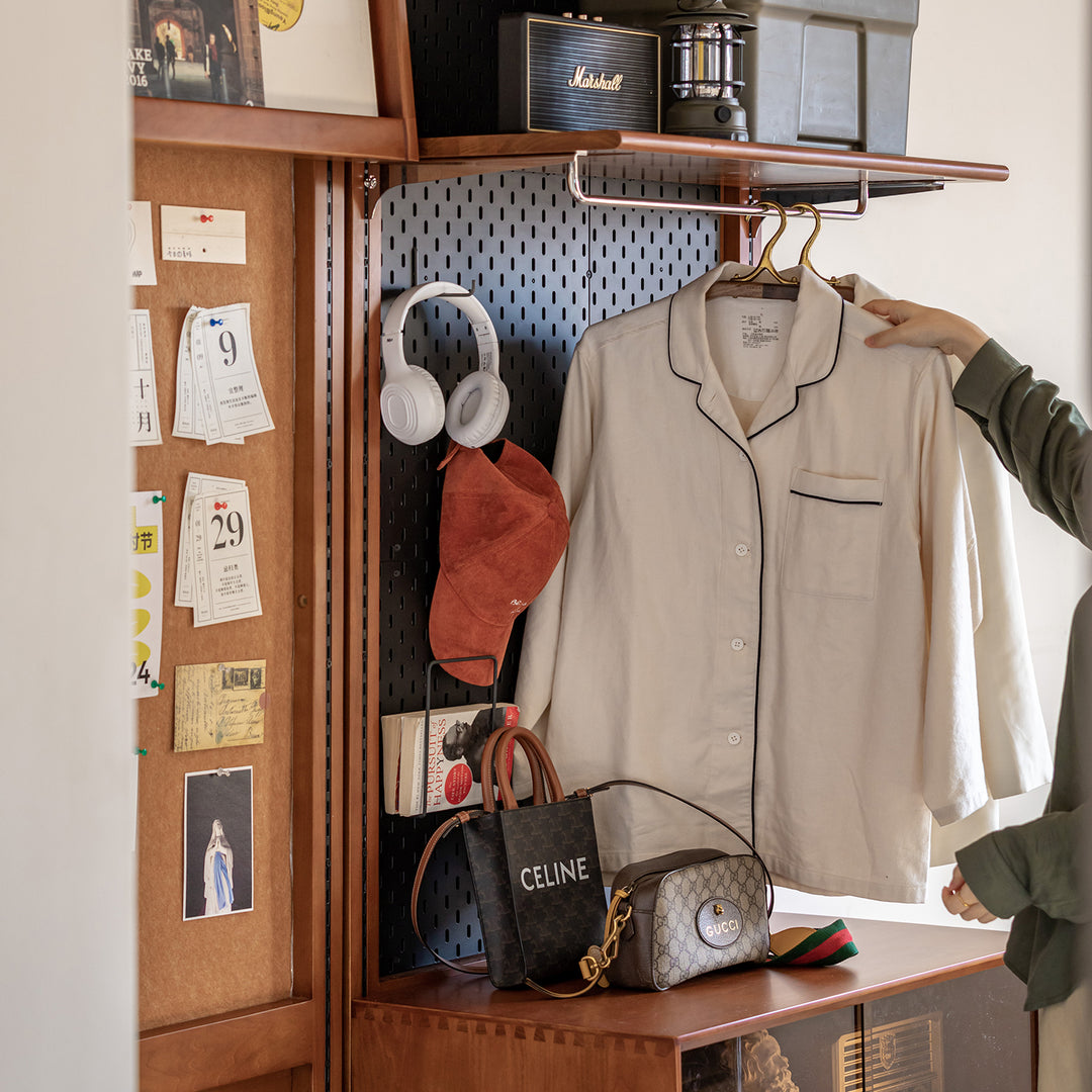 Vintage boxwood modular hanging wall shelf system muse entryway with context.