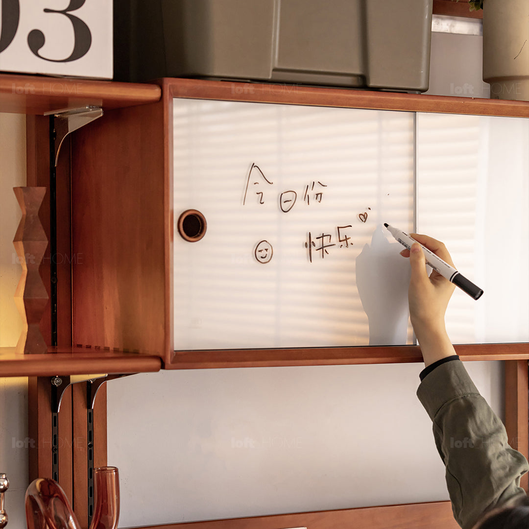 Vintage boxwood modular hanging wall shelf system muse wardrobe in close up details.