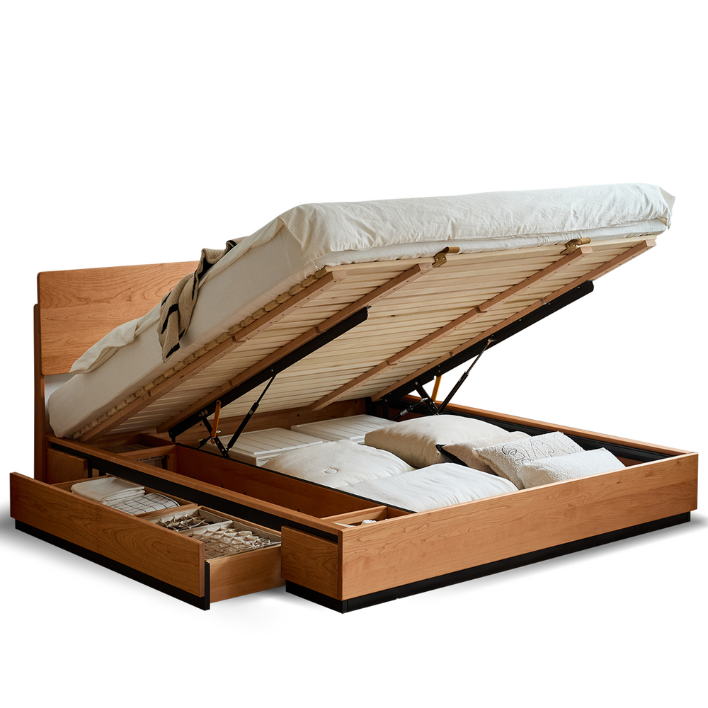 Wooden bed with storage drawers and mattress on a white background
