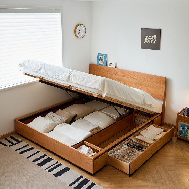 Scandinavian cherry wood storage bed toast primary product view.