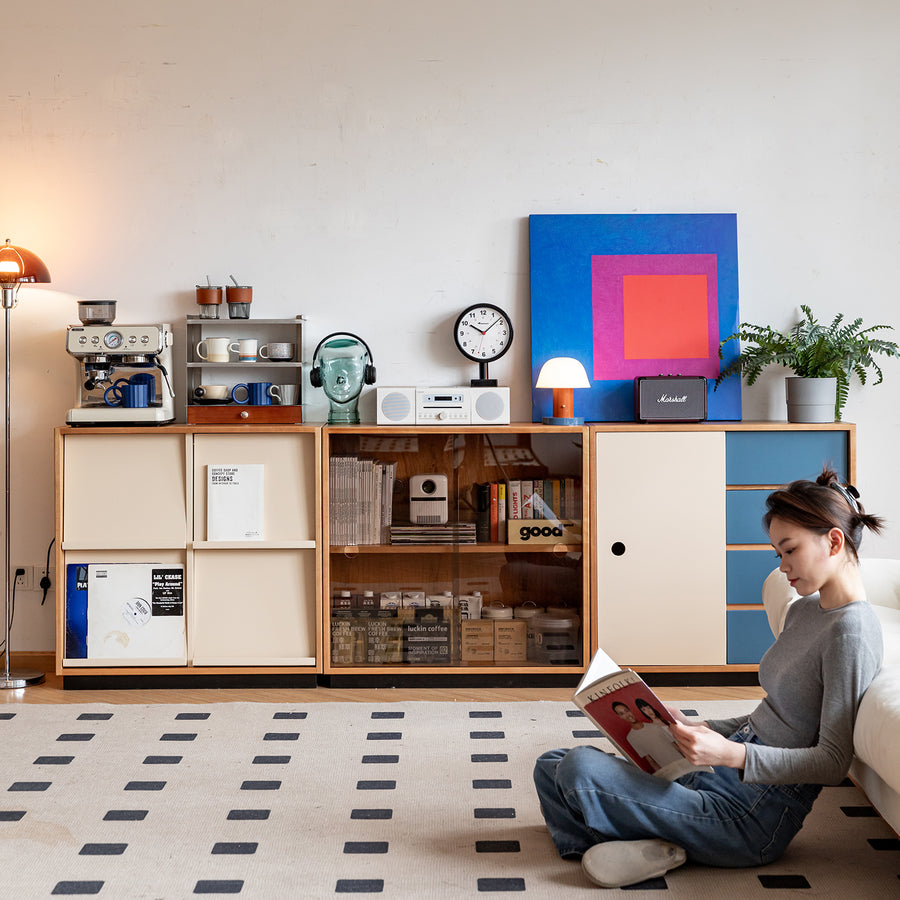 Scandinavian cherry wood modular cabinet time size charts.