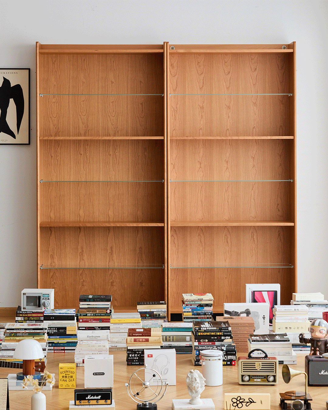 Scandinavian cherry wood bookshelf display cabinet timeless in close up details.