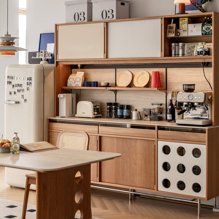 Scandinavian cherry wood sintered stone storage side cabinet timeless material variants.