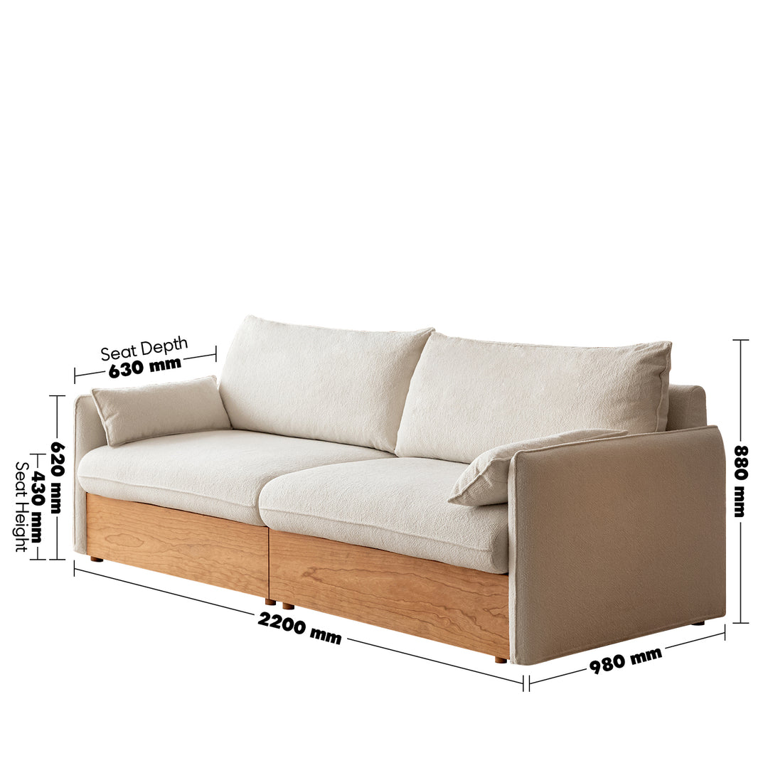 Japandi boucle fabric pine wood storage 3 seater sofa kangaroo size charts.