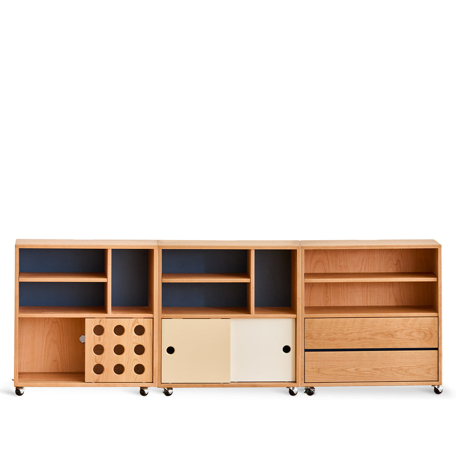 Scandinavian-cherry-wood-modular-cabinet-time in white background.