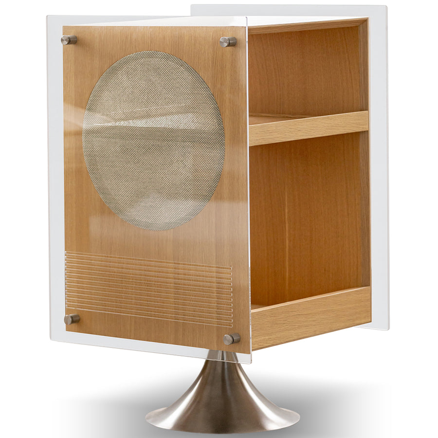 Minimalist oak wood veneer revolving side table muse in white background.