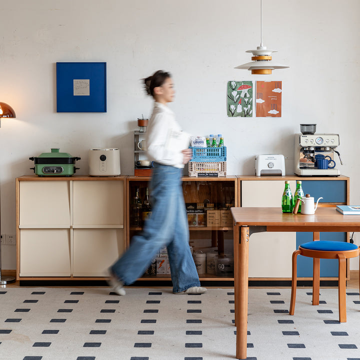 Scandinavian cherry wood modular cabinet time color swatches.