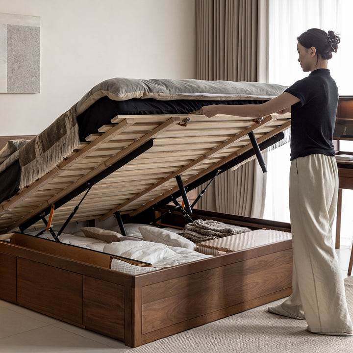 Vintage walnut wood lift-up storage bed with drawer kangaroo with context.