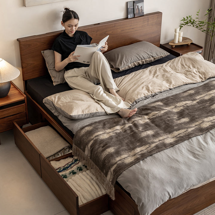 Vintage walnut wood lift-up storage bed with drawer kangaroo in panoramic view.