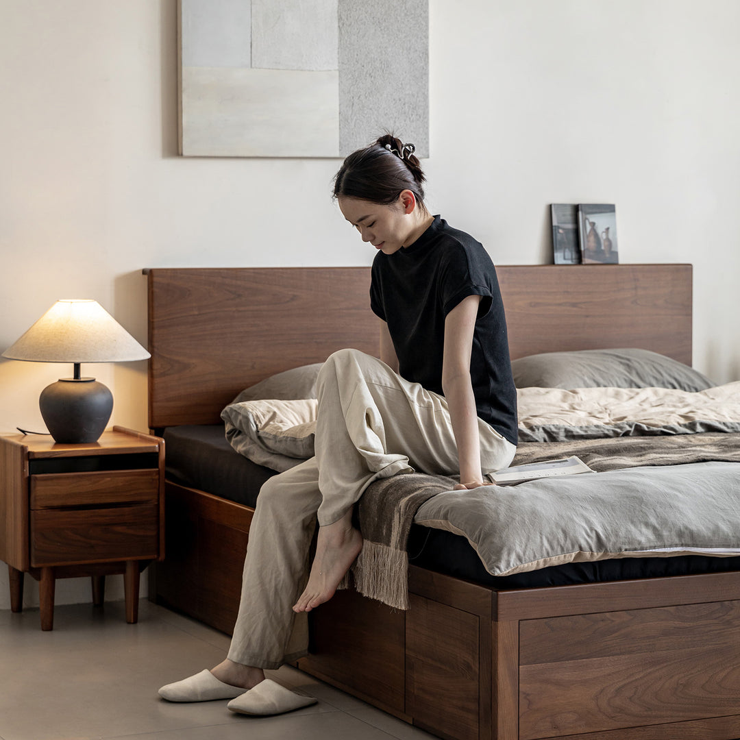 Vintage walnut wood lift-up storage bed with drawer kangaroo environmental situation.