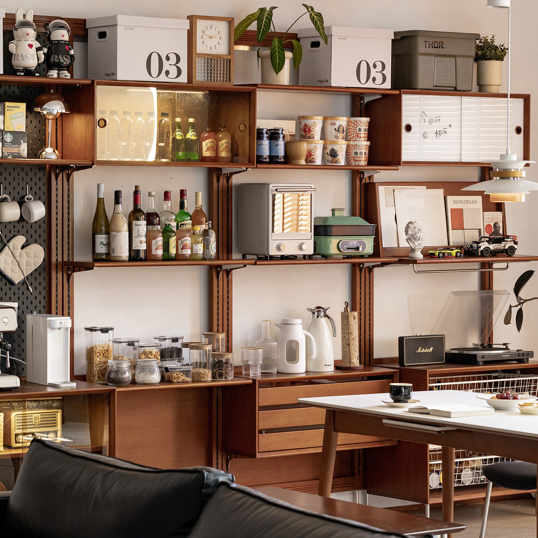 Vintage boxwood modular hanging wall shelf system muse in panoramic view.