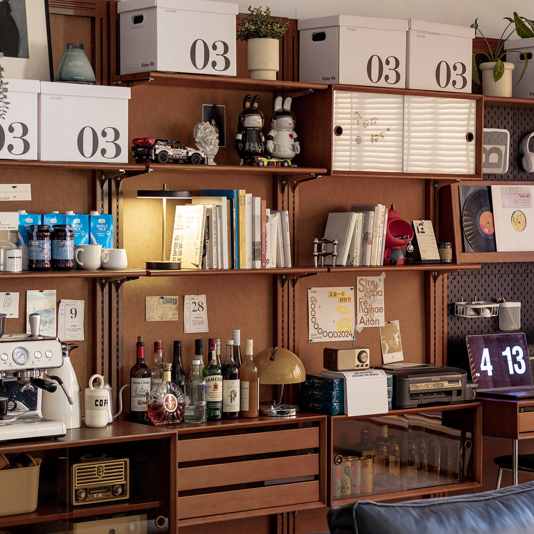 Vintage boxwood modular hanging wall shelf system muse living in panoramic view.