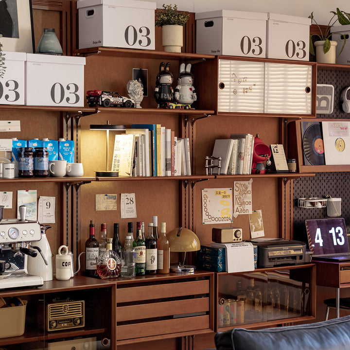 Vintage boxwood modular hanging wall shelf system muse living in panoramic view.