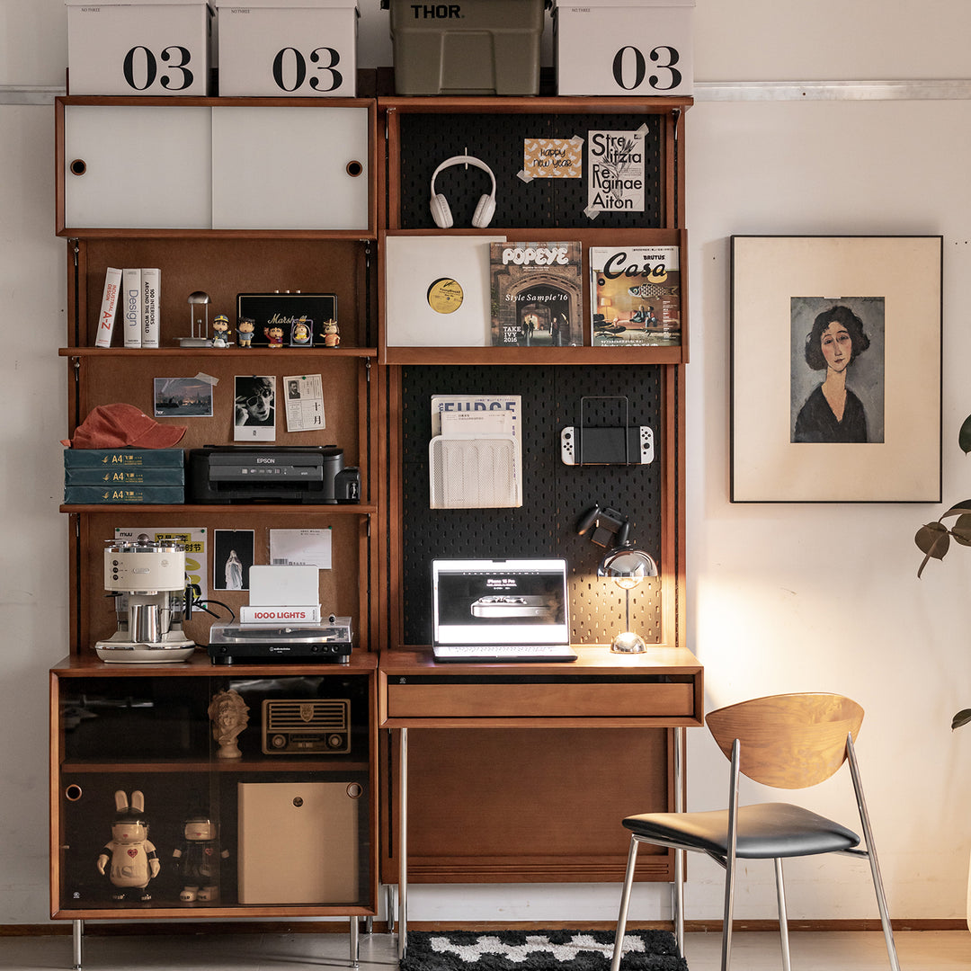 Vintage boxwood modular hanging wall shelf system muse in still life.