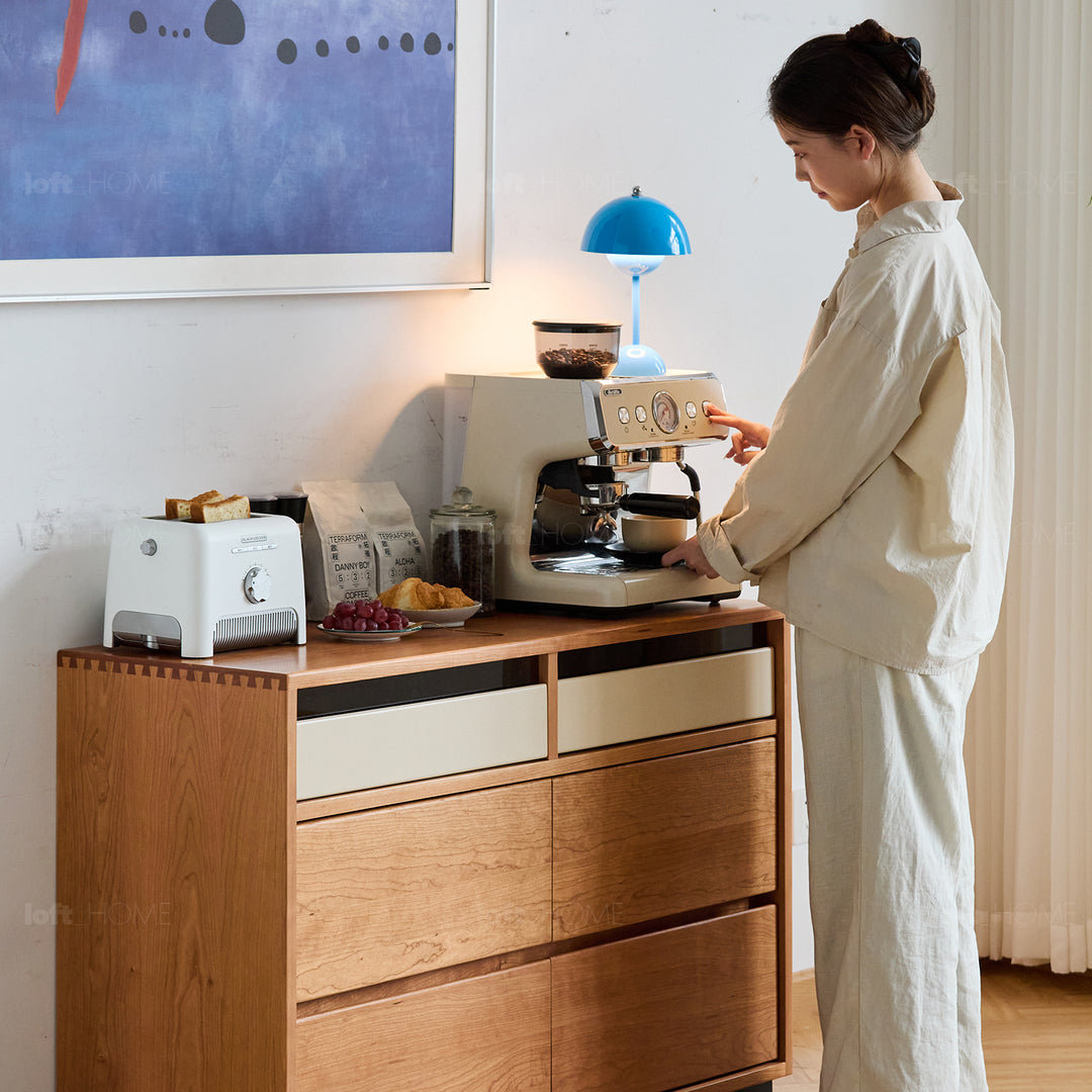 Scandinavian cherry wood chest of drawers timeless 6 in close up details.