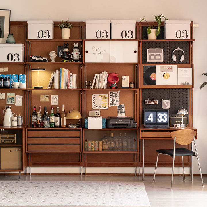 Vintage boxwood modular hanging wall shelf system muse living in close up details.