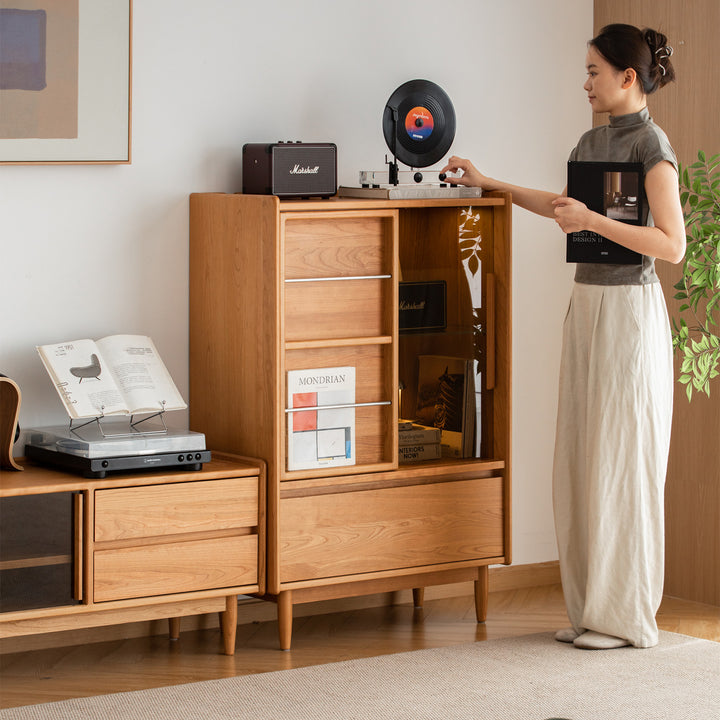 Scandinavian cherry wood side cabinet vista size charts.