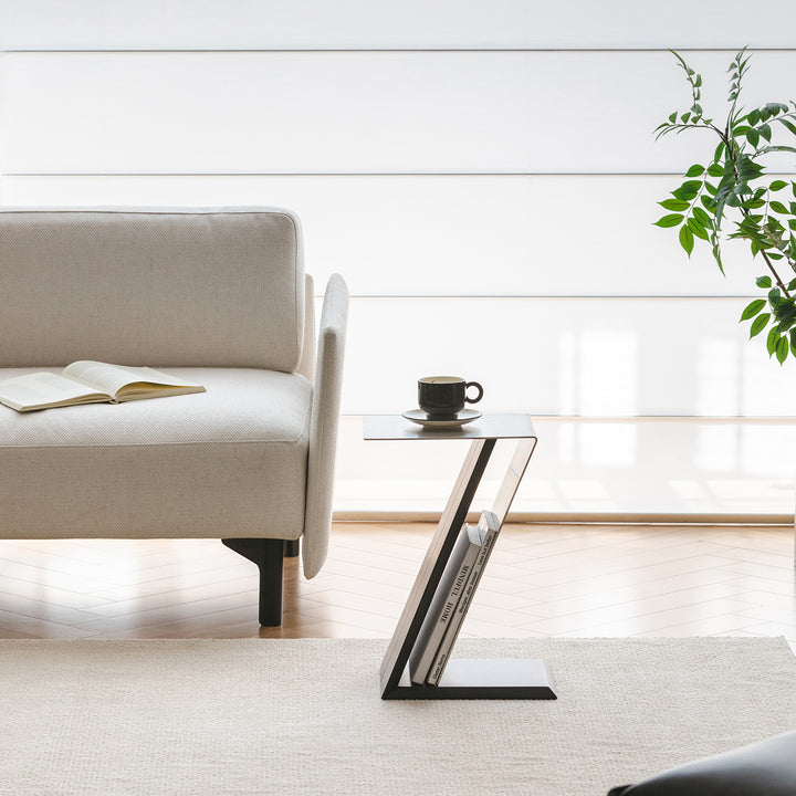 Minimalist stainless steel side table zig size charts.