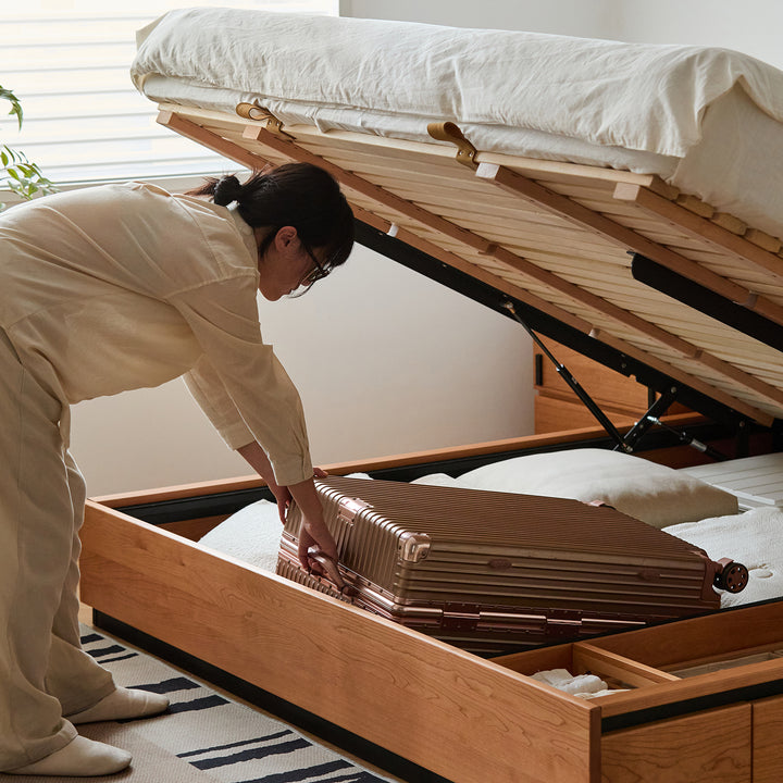 Scandinavian cherry wood storage bed toast color swatches.