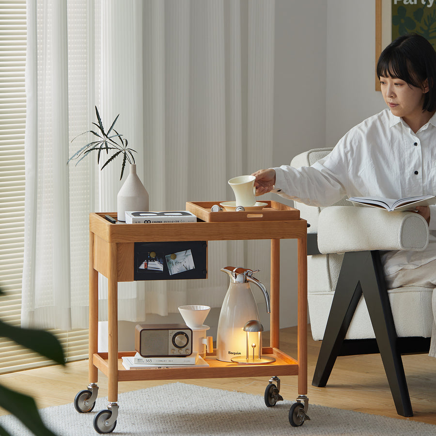 Scandinavian cherry wood wheeled trolley side table pocket color swatches.