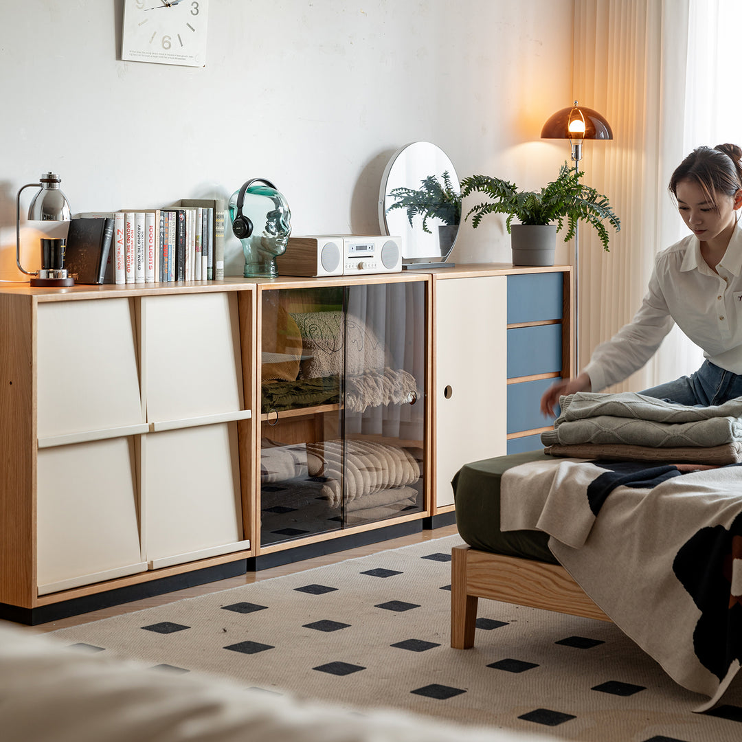 Scandinavian cherry wood modular cabinet time in real life style.
