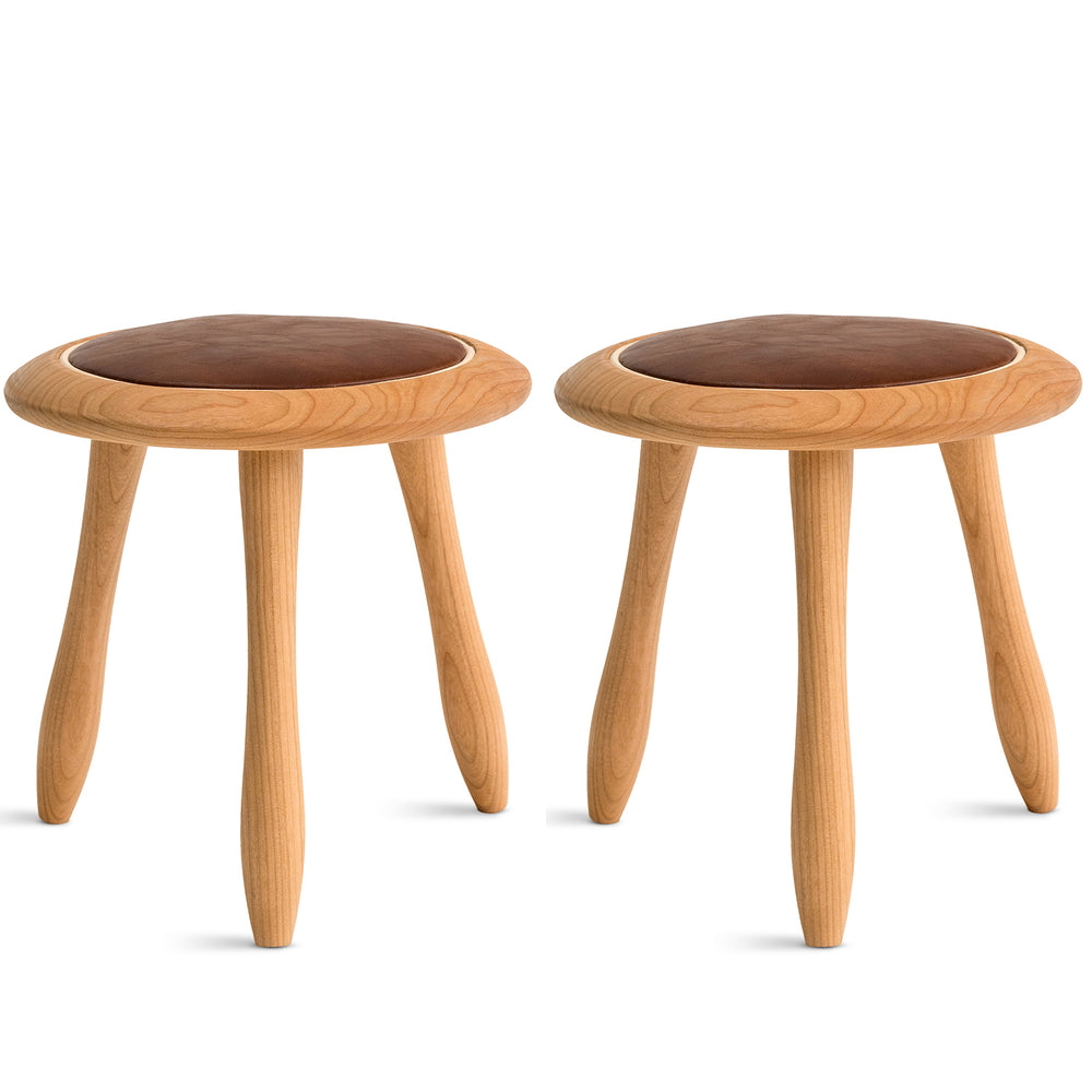 Japandi wood round stool 2pcs set petite in white background.