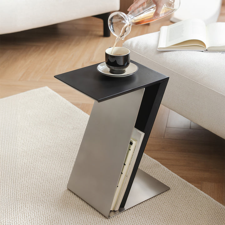 Minimalist stainless steel side table zig material variants.