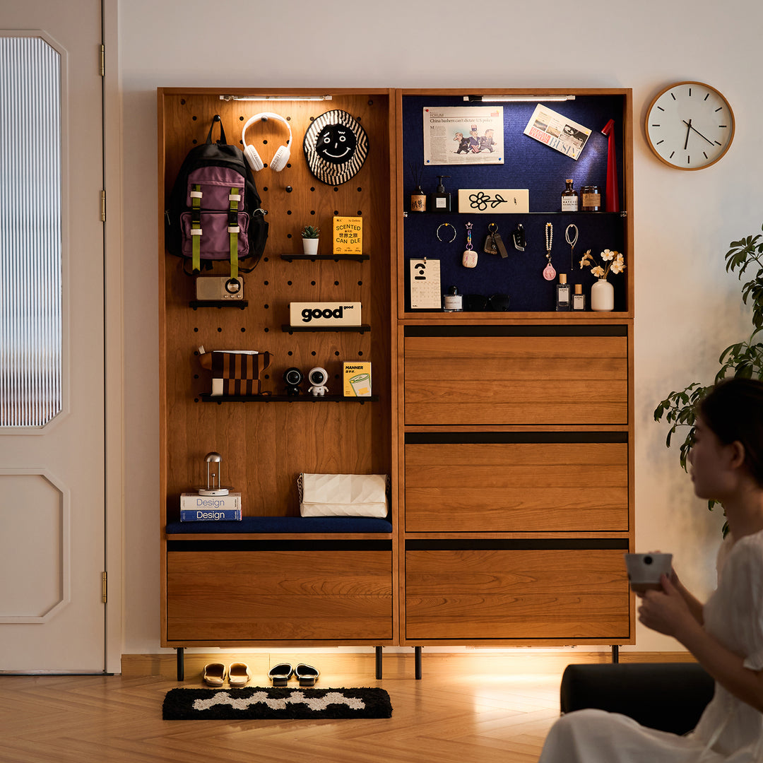 Scandinavian cherry wood shoe cabinet corner material variants.