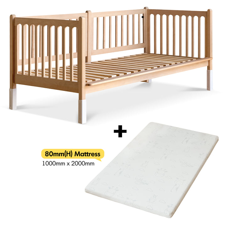 Scandinavian beech wood height adjustable kids sidecar bed with mattress set sova conceptual design.