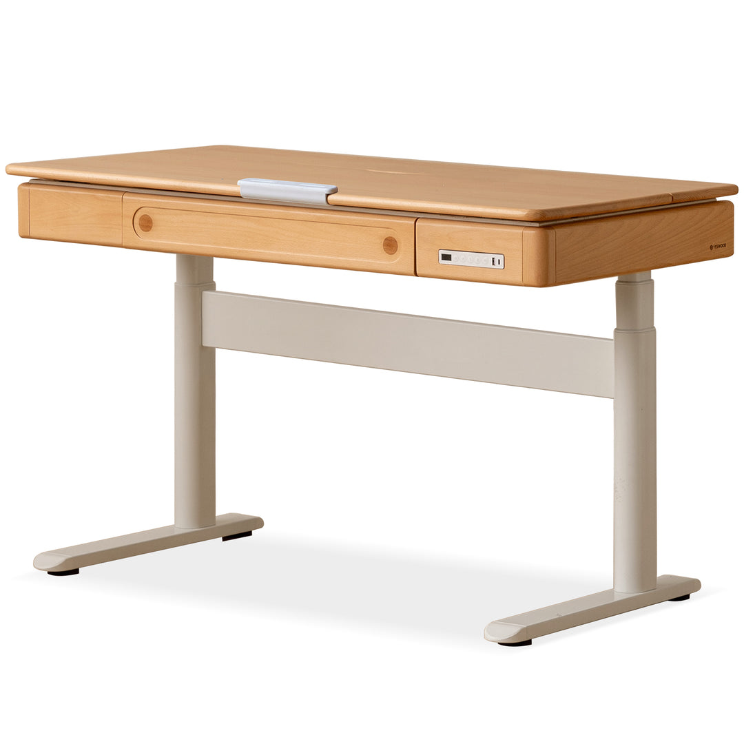 Scandinavian beech wood electric height adjustable kids study table with intergrated led light orbita layered structure.