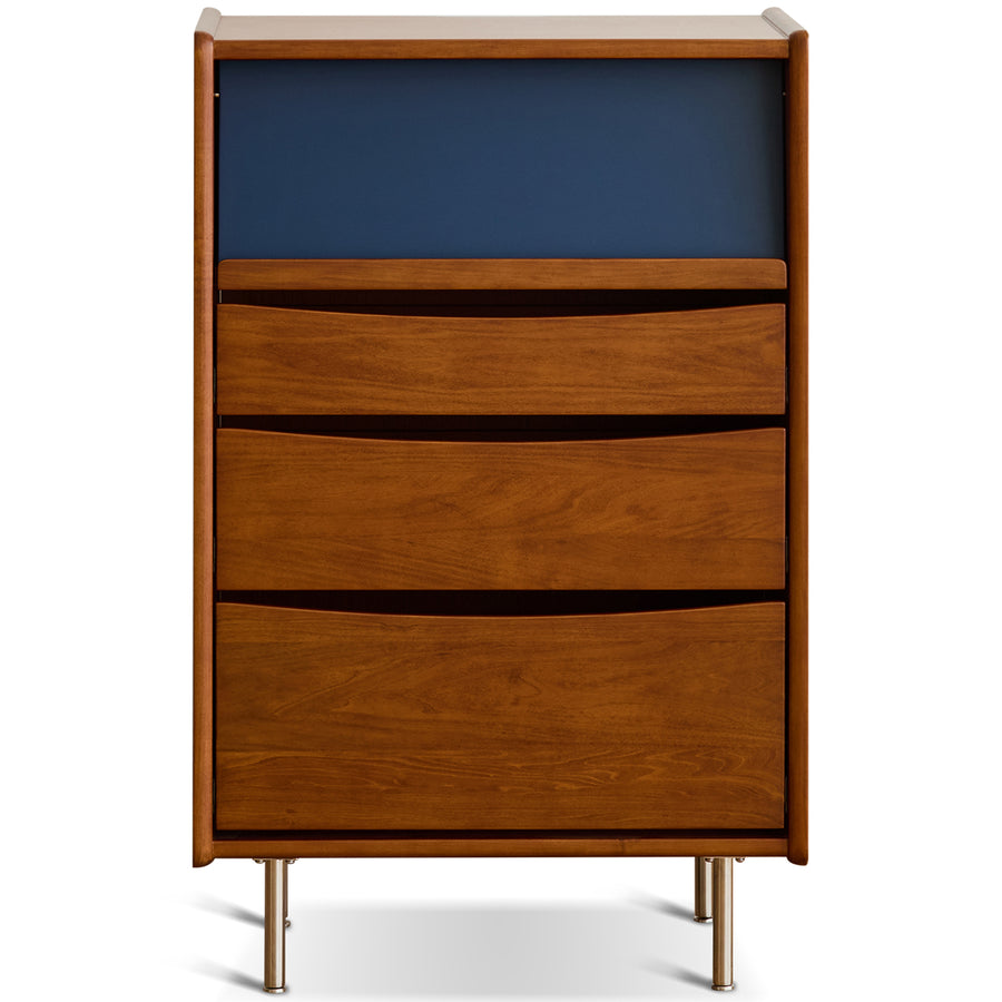 Wooden dresser with blue top and three drawers on a white background