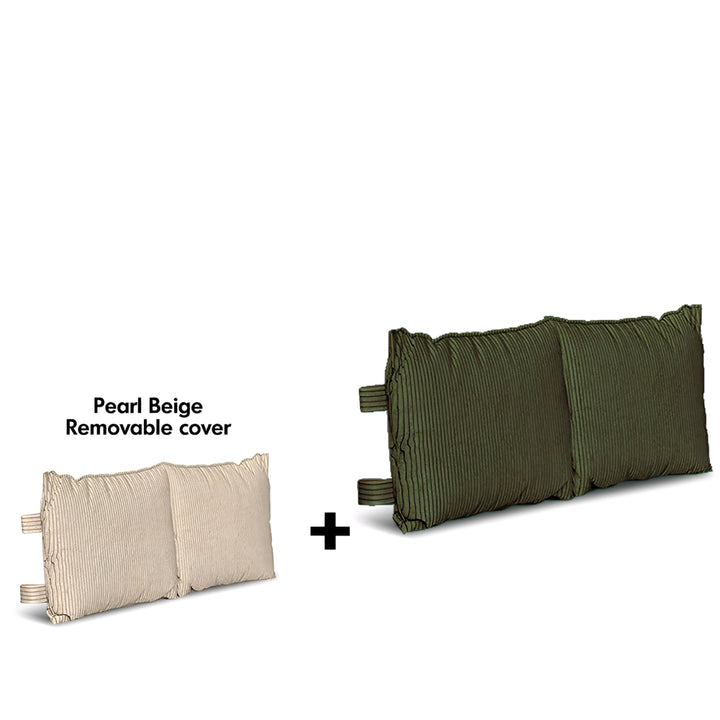 Two pillows, one pearl beige and one green, on a white background.