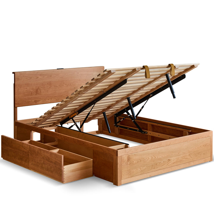 Scandinavian cherry wood lift-up storage bed with drawer kangaroo conceptual design.