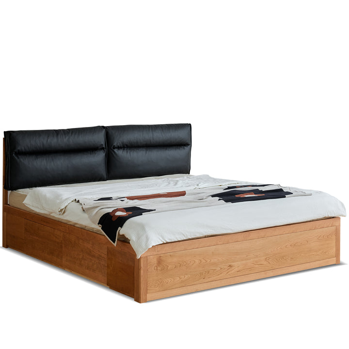 Scandinavian cherry wood cushion lift-up storage bed with drawer kangaroo in white background.