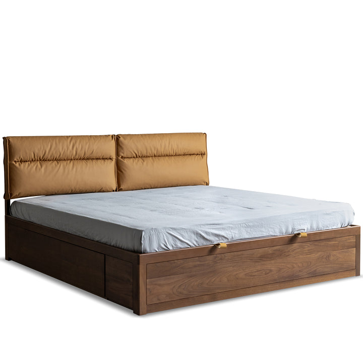 Vintage walnut wood cushion lift-up storage bed with drawer kangaroo layered structure.