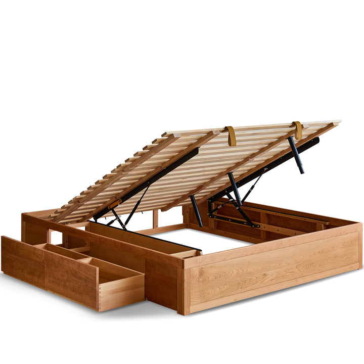 Scandinavian Cherry Wood Lift-Up Storage Platform Bed With Drawer KANGAROO