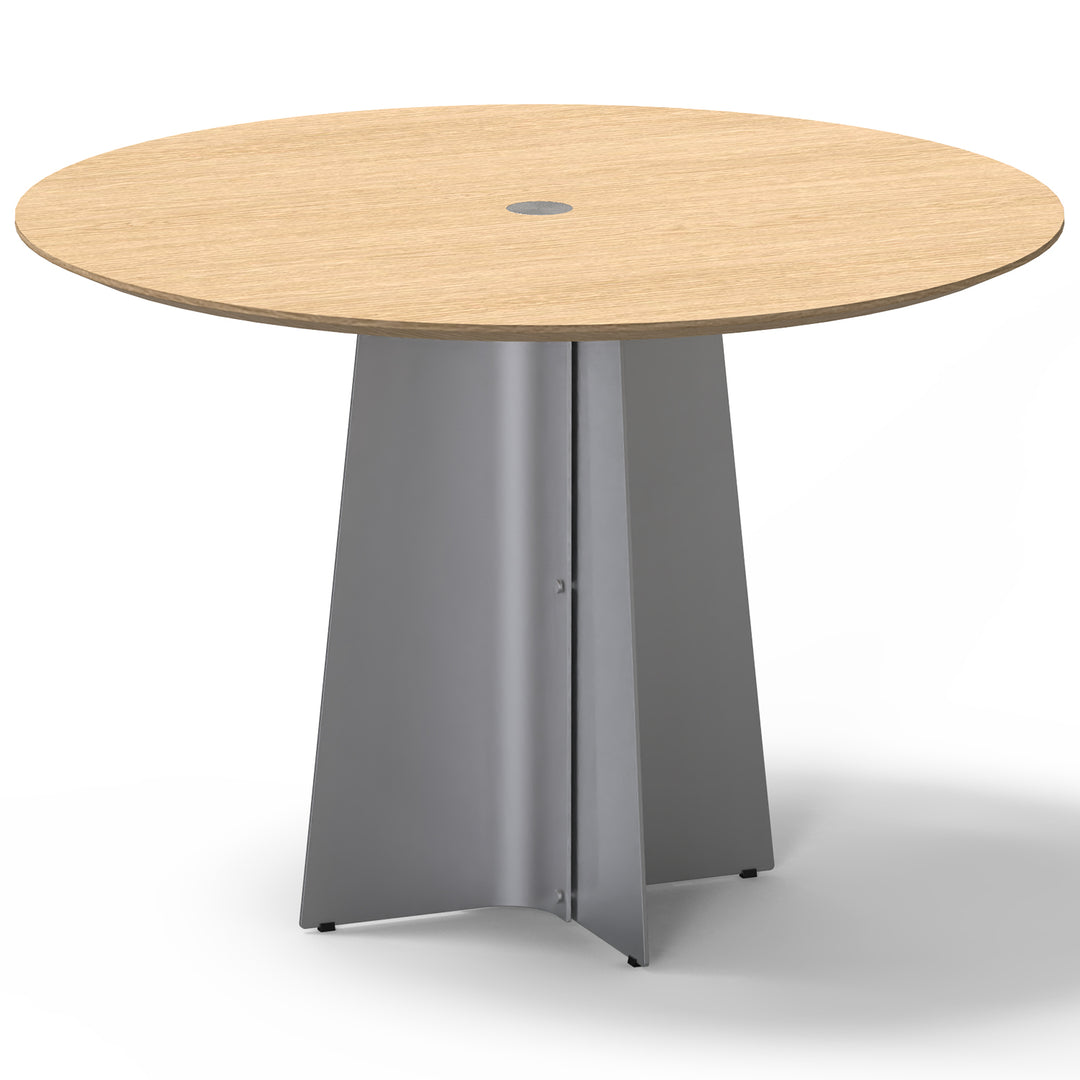 Minimalist ash wood veneer stainless steel round dining table aeri in white background.